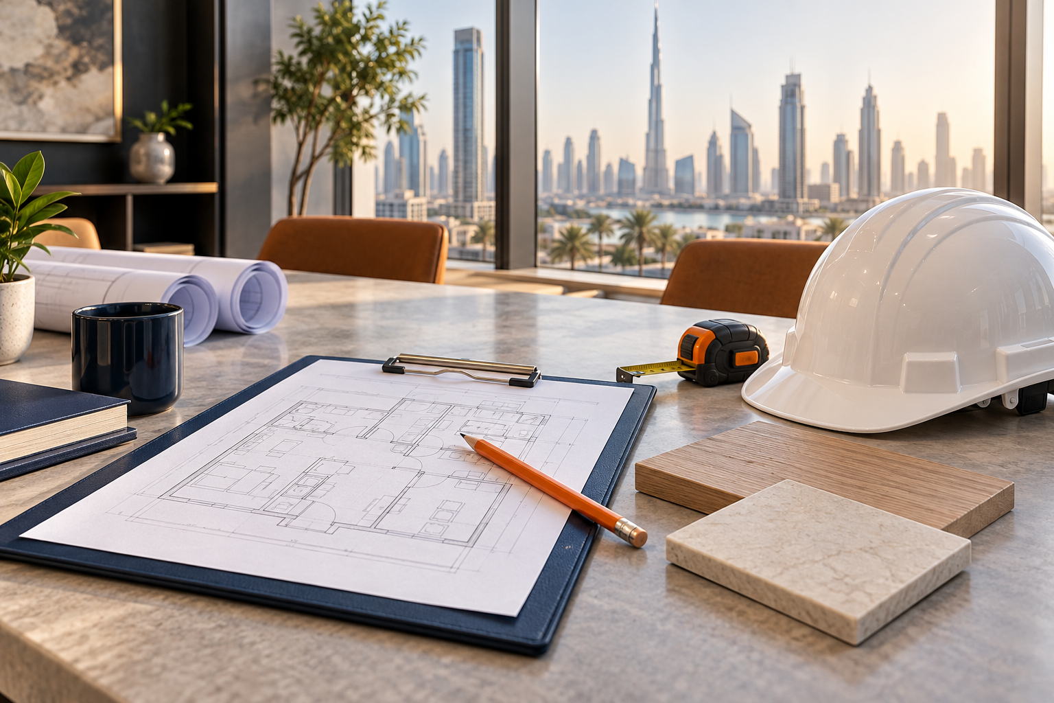 Project planning illustration with drawings, material samples and maintenance tools